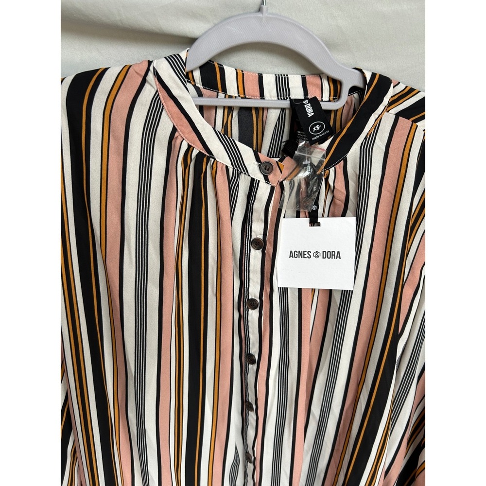 Agnes & Dora Peasant Top XS Long Sleeve Striped Button Down Blouse Black Blush - Picture 7 of 7